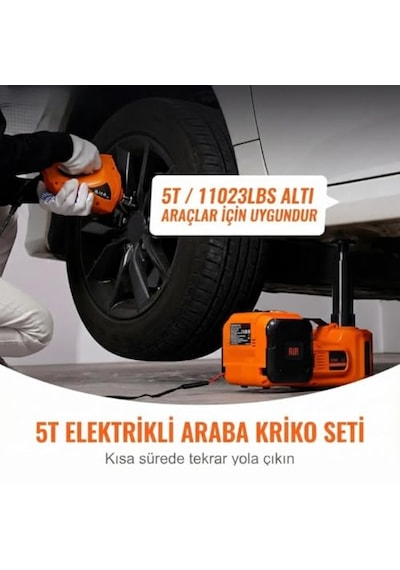 5 Ton Elektrikli Kriko Seti 12v, 3'ü 1 Arada Hidrolik Araç Krikosu Somun Sıkma Tabancası Hava Kompresörü, 450nm To
