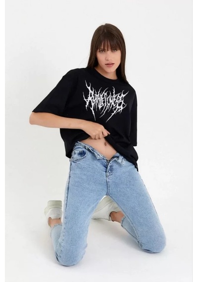 Modi Unisex Bisiklet Yaka Baskılı Oversize T-shirt - Siyah - Mymg104408