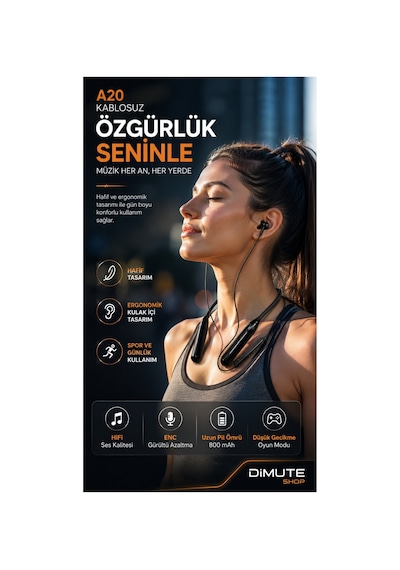 A20 Bluetooth Boyun Askılı Kablosuz Kulaklık Enc Gürültü Engelleme Hifi Ses Type-c Şarjlı Siyah - 889157276