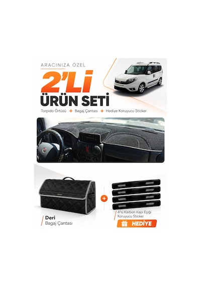 Fiat Doblo 2007-2015 Airbagli Küçük Ekran Uyumlu Torpido Örtüsü + Deri Çanta Seti - Siyah Gri
