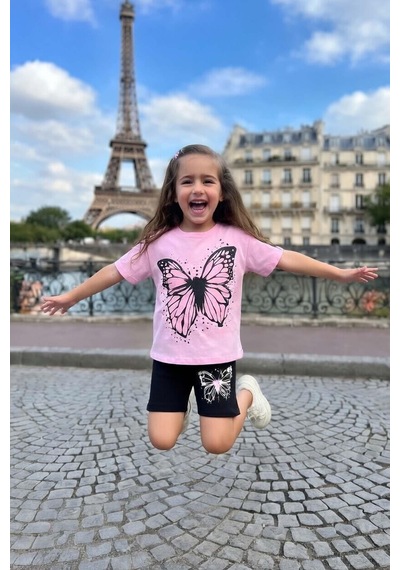 Riccotarz Kız Çocuk Puantiye Baskılı Ve Kelebek Baskılı Pembe T-shirt Şortlu Takım
