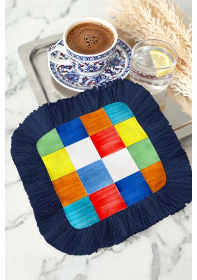 Renkli Patchwork Saçaklı Sunum Servis Altlığı Mendil - Modern Enerjik Lacivert Sunumluk Peçete Gün Batımı Krem