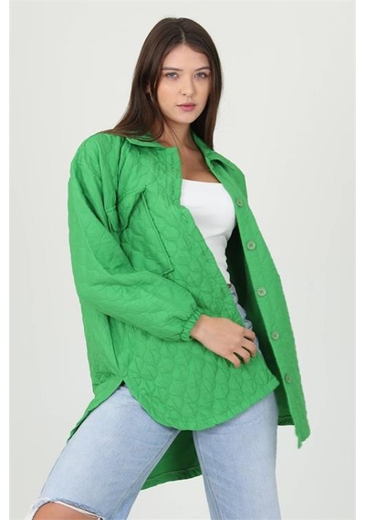 Neşeli Butik Kadın Kapitone İşlemeli Owersize Regular Ceket Gömlek Nb10055 Yeşil