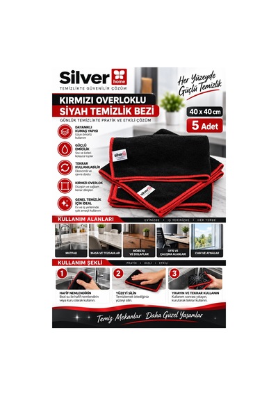 Silver Home Kırmızı Overloklu Siyah Temizlik Bezi 40x40 Cm 5 Adet Diğer