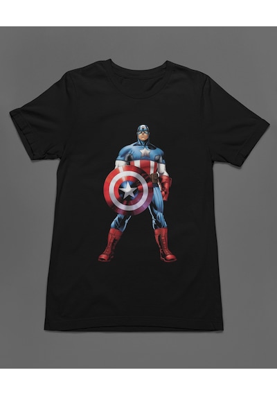 Bumeta Captain America Kaptan Amerika Marvel Unisex Tişört T-shirt Siyah