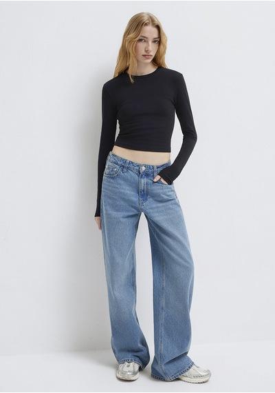 Mavi - Uzun Kollu Siyah Crop Basic Tişört 1612822-900