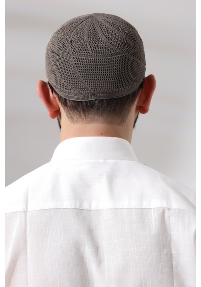 Kahverengi Dantel Detaylı Örme Gold Namaz Takkesi