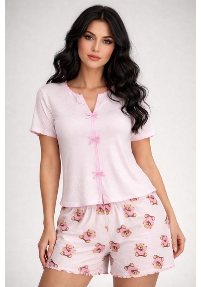 Kadın 01591 Kaşkorse Şortlu Pijama Takımı Pembe