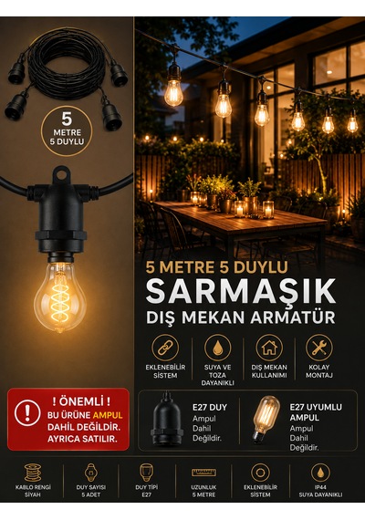Sarmaşık Dış Mekan Aydınlatma 5 Metre 5duy E27 Eklenebilir