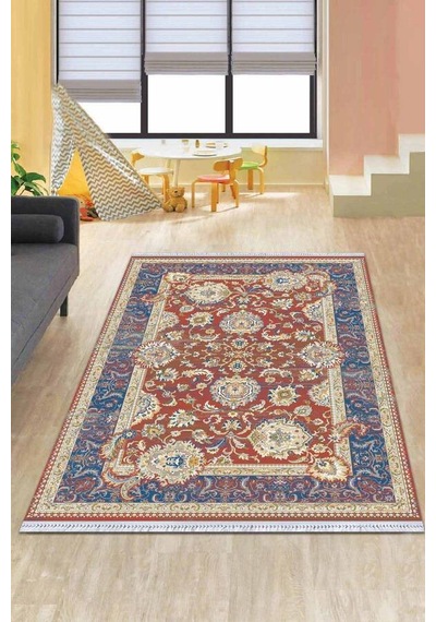 Kiremit Çerçeveli Dokuma Pamuk Taban Kaymaz Kilim Klm284n11
