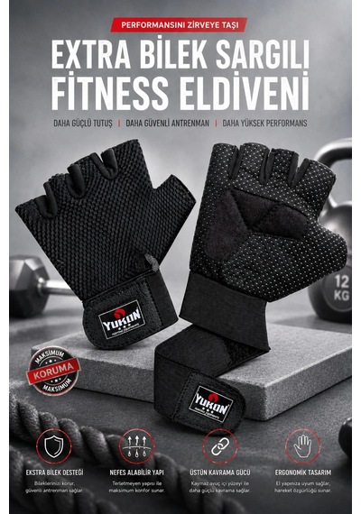 Yukon Kısa Bilek Sargılı Spor Bisiklet Fitness Eldiveni M Siyah