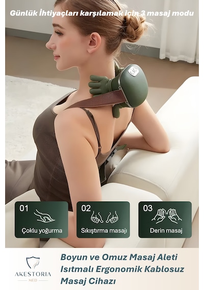 Boyun Ve Omuz Masaj Aleti Isıtmalı Ergonomik Kablosuz Masaj Cihazı Koyu Yeşil