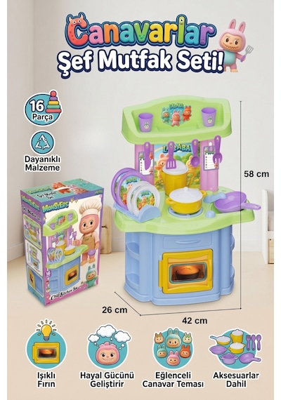 Canavarlar Şef Oyuncak Mutfak Seti 16 Parça Işıklı Fırınlı Büyük Boy Eğitici Evcilik Oyunu 58 Cm