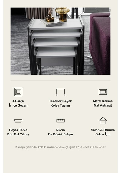 Mira Beyaz 4'lü Zigon Sehpa Takımı Tekerlekli İç İçe Sehpa Seti