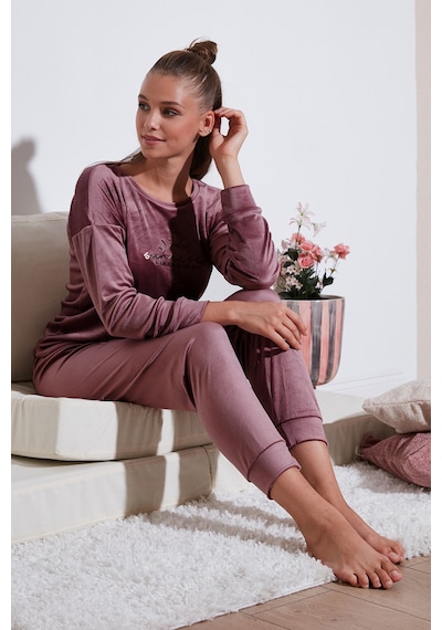 Lela Standart Fit Bisiklet Yaka Yumuşak Kadife Bayan Pijama Takımı 6094201 Pudra