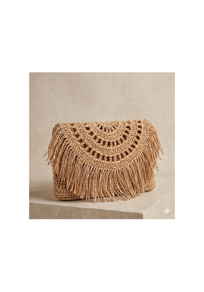 Trakyatrend Crunch Çanta El Yapımı Hasır Kağıt İp Püsküllü Clutch Hasır Rengi
