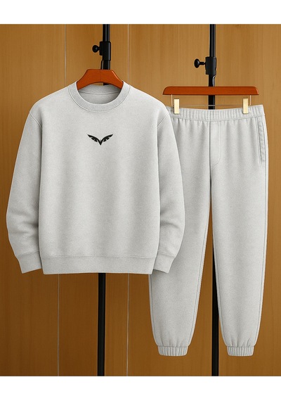 Wings Eşofman Takımı Sweatshirt Jogger - Gri Baskılı Oversize Şardonlu Bisiklet Yaka Gri