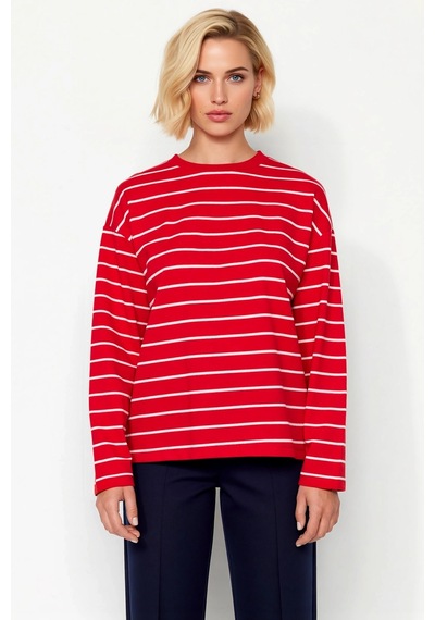 Benerly Kadın Bisiklet Yaka Düşük Kol Çizgili Örme Geniş Kesim Sweatshirt Kırmızı