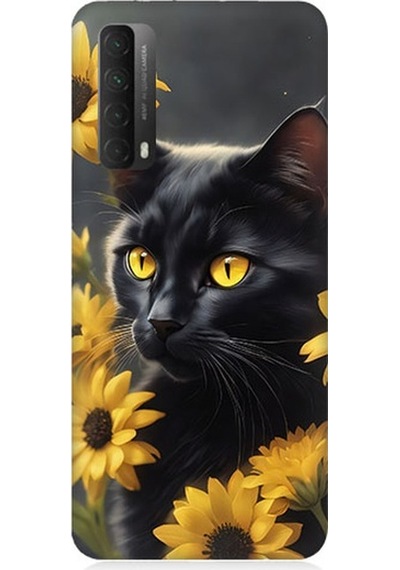 Huawei P Smart 2021 Uyumlu Sarı Çiçekler Ve Kara Kedi Desenli Silikon Kılıf