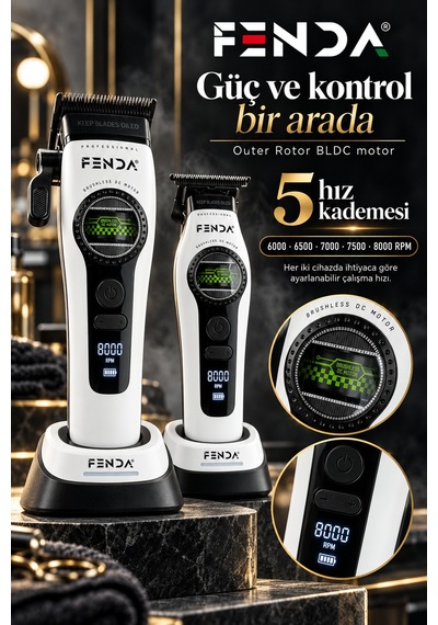 Fenda Profesyonel Şarjlı Bldc Motor 8000 Rpm Tıraş Makinesi Seti 2'li Beyaz