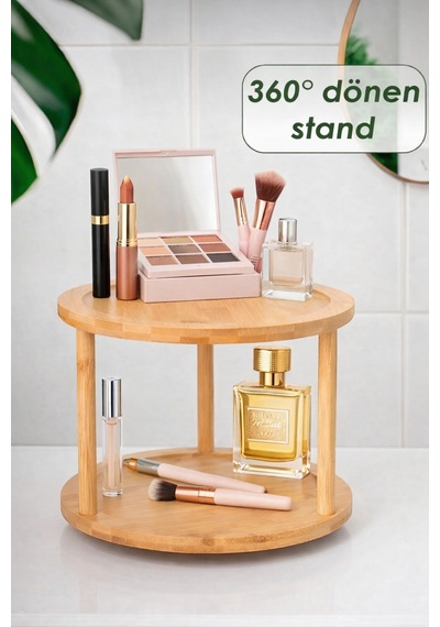 360 Döner Standlı Bambu Sunumluk Makyaj Parfüm Organizer 2 Katlı Baharat Düzenleyici Stand Bej Bej