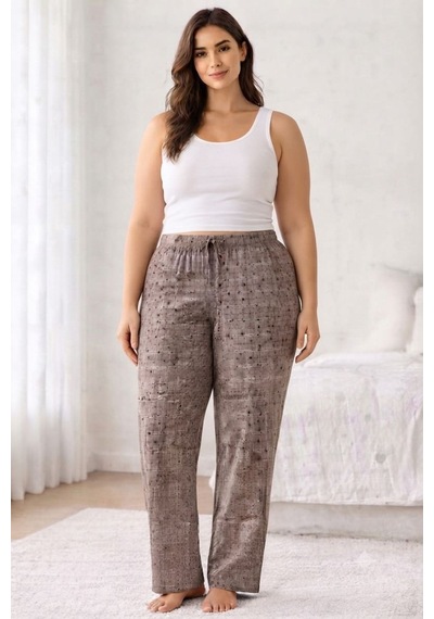 Viskon Pamuklu Kadın Büyük Beden Gri Desenli Pijama Pantolon - Mgb011 - Mudanis
