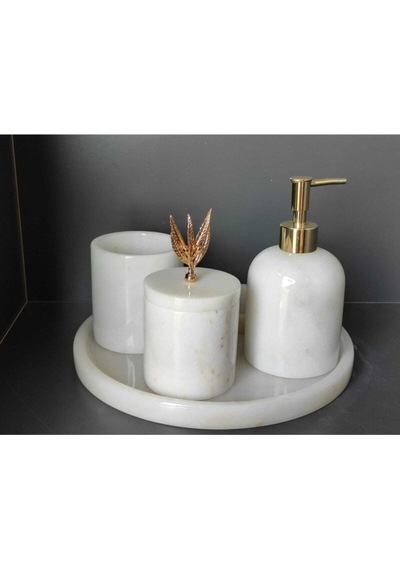 Beyaz Mermer 5'li Banyo Seti Gold Zeytin Dalı Aksesuarlı Beyaz