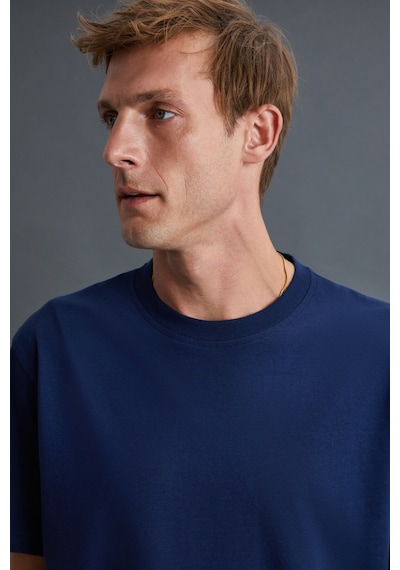 Grimelange Solo Erkek %100 Organik Pamuklu Kalın Dokulu Comfort Fit Bisiklet Yakalı Lacivert T-shirt Lacivert