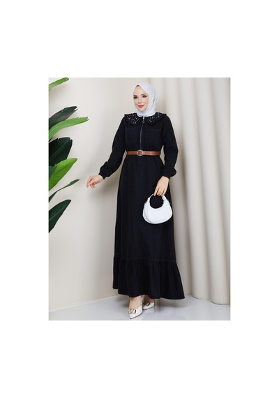 Hb Harma Time Butik Kadın Taş Detaylı Fermuarlı Kemerli Tesettür Kot Siyah Elbise Siyah Siyah Hb Harma Time Butik Kadın Taş Detaylı Fermuarlı Kemerli Tesettür Kot Siyah Elbise Siyah Siyah