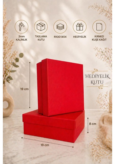 Kolix Kırmızı Düz Hediye Kutusu 2'li Sert Hediyelik Kutu Hediye Paketi 19x19x8 Cm