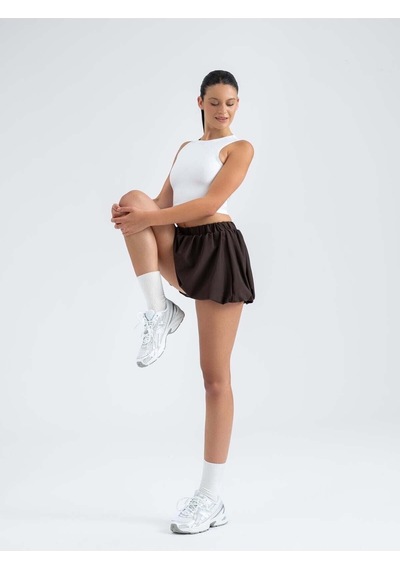 Kahverengi Balon Etekli Mini Tayt Şort