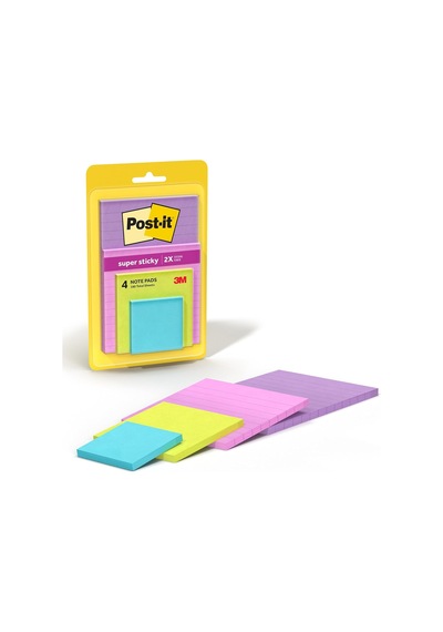 Tr Super Sticky Notes, Farkl Boyutlarda, Miami Collection, Paket Ba Na 4 Pads, 45 Yaprak Pro Pad 4622-ssmia