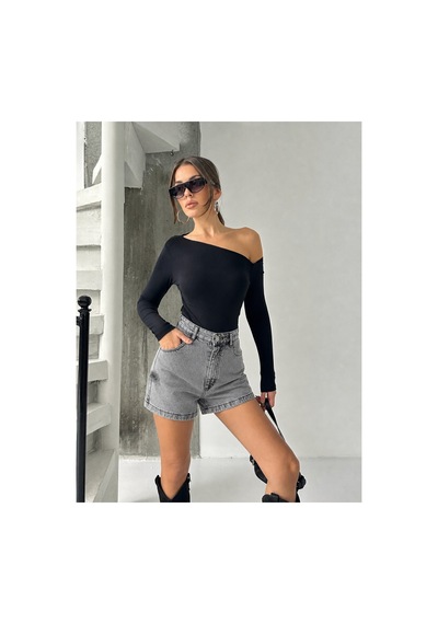 Bluemarlin Gri Kar Yan Kılçık İşlemli Kısa/mini Denim/kot Şort Gri Kar