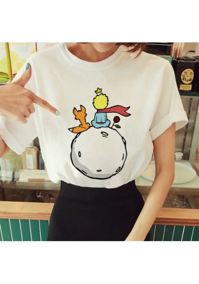 Flood Of Style Kadın Beyaz Küçük Prens Baskılı Bisiklet Yaka Oversize Geniş Kalıp T-shirt Tişört