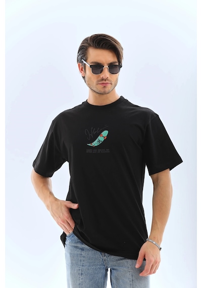 Erkek Kısa Kol Baskılı Bisiklet Yaka T-shirt - Siyah Siyah