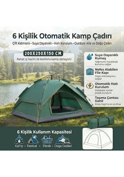 Buffer 6 Kişilik Otomatik Kamp Çadırı Çift Katmanlı, Suya Dayanıklı, Hızlı Kurulum Outdoor Aile Ve Doğa Çadırı 200x250x150 Cm Sarı