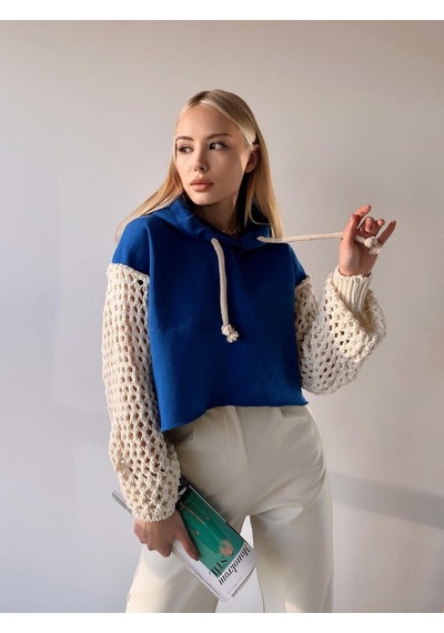 Mamayaga Kadın Kolları Triko Tasarım 3 İplik Uzun Kol Pamuk Crop Boy Şık Sweatshirt Mavi
