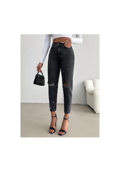Kene Jeans Yüksek Bel Kar Siyah Diz Lazer Yırtık Detaylı Mom Jeans Kar Siyah