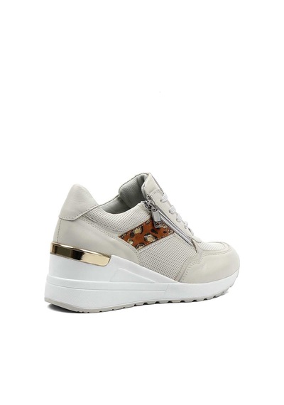 Kadın Bej Bağcıklı Dolgu Topuklu Deri Sneaker