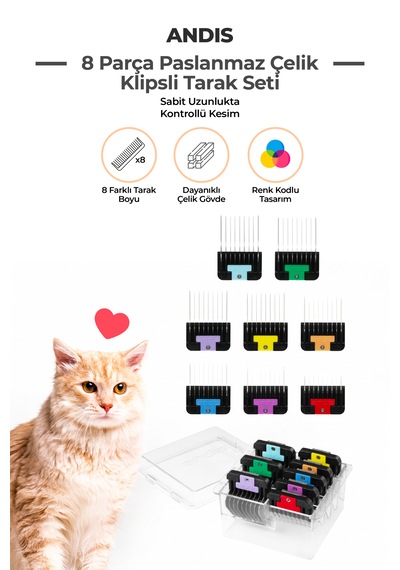 Andis Çelik Kedi Köpek Tıraş Makinesi Tarak Seti 8 Parça A5 Bıçak Kullanan Makinelerle Uyumlu
