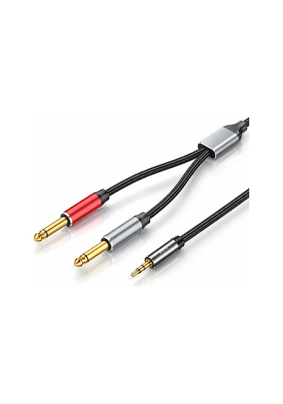 3.5mm - Çift 6.35mm Stereo Ses Kablosu 1.5 Metre, Amfi Mixer Gitar Hoparlör Sahne Ekipmanı Uyumlu, Sağ Sol Kanal, Altın Kaplama, Naylon Örgülü, Parazit Önleyici A160e