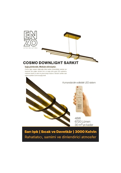 Cosmo Gold Lineer Led Sarkıt Avize Kumandalı Dim Edilebilir Aşağı Işık Sarı Işık
