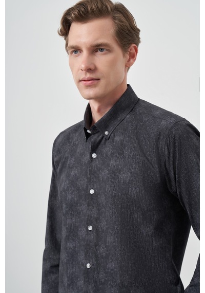 Morven Erkek Siyah Slim Fit Düğmeli Yaka Gömlek 25ms004013001 Siyah Siyah