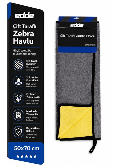 Edde Araba Araç Oto Çift Taraflı Zebra Havlu 50 70 Cm Ekstra Kalın Oto Detailing