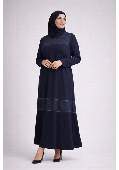 Hira Life Fashion Kadın Önü Desenli Taş Detaylı Düz Tessetür Elbise Lacivert Lacivert