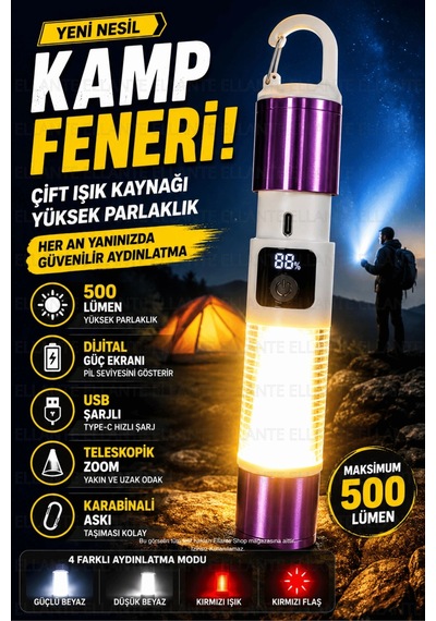 Şarjlı Kamp Feneri Usb Type-c 500 Lümen Dijital Pil Göstergeli Led El Feneri Zoomlu Kamp Ve Acil Dur Çok Renkli