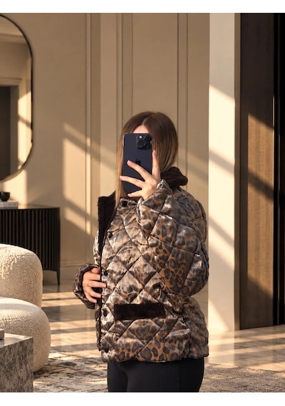 Elora Atelier Leopar Desenli Kürk Yakalı Kapitone Mont