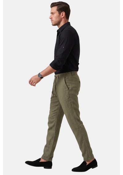 Deepsea Yeşil Slim Fit Likralı Keten Dokulu Lastikli Belli İpli Yazlık Erkek Pantolon 2603001