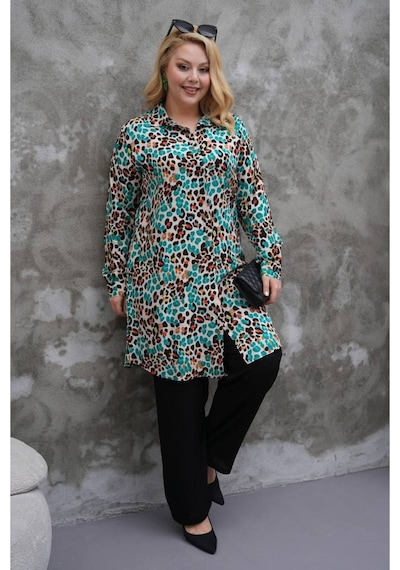 Polologin Butik Yeşil Leopar Desenli Yazlık Büyük Beden Viskon Tunik Haki