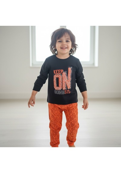 Bonbon Erkek Çocuk Keep On Baskılı Uzun Kollu Siyah Renk 2'li Takım Cb1068